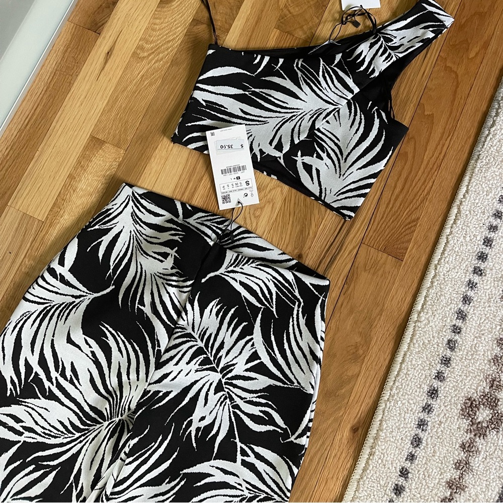Zara black white floral jacquard crop top pants set small